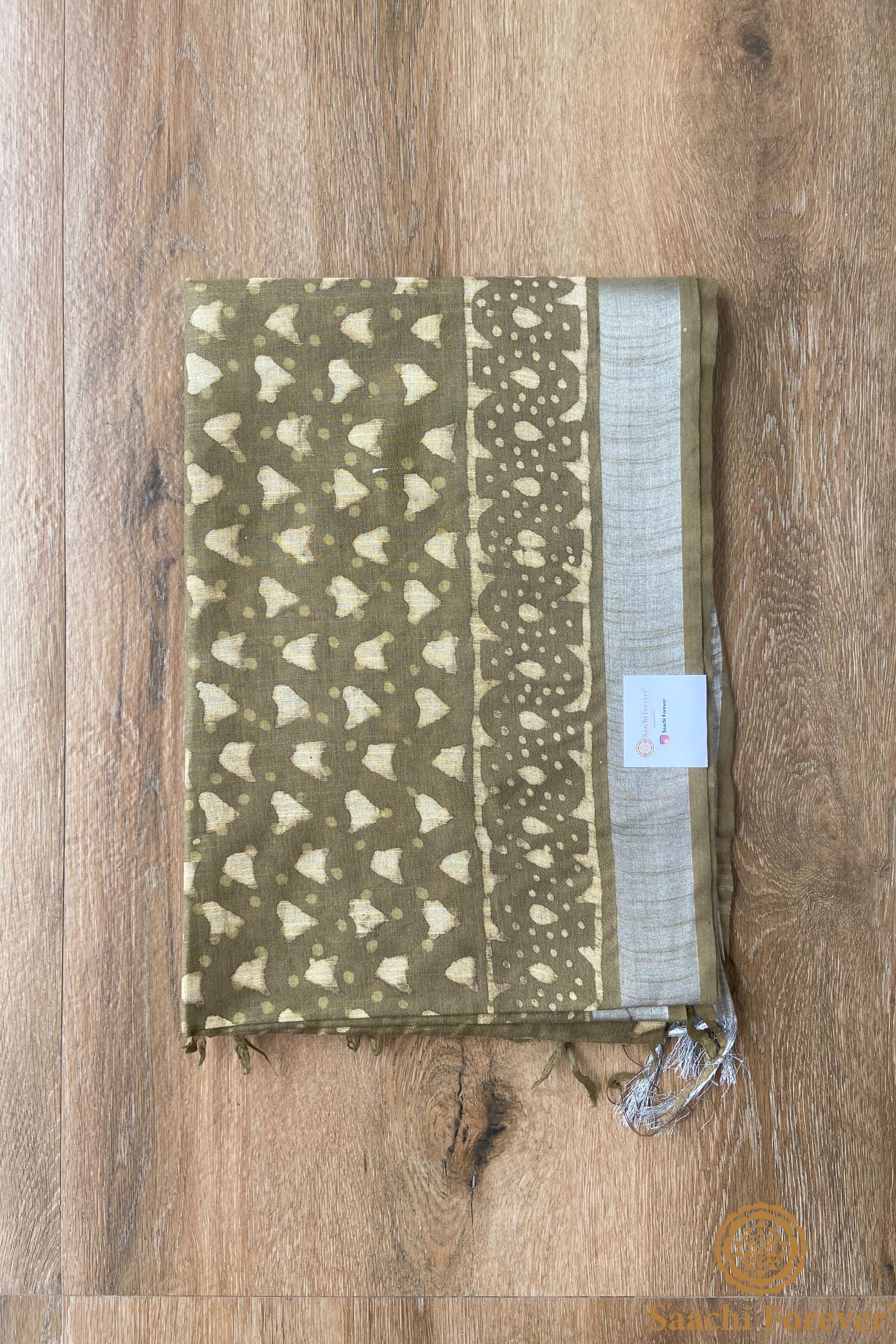 Olive Green Block Printed Linen silver zari Saree