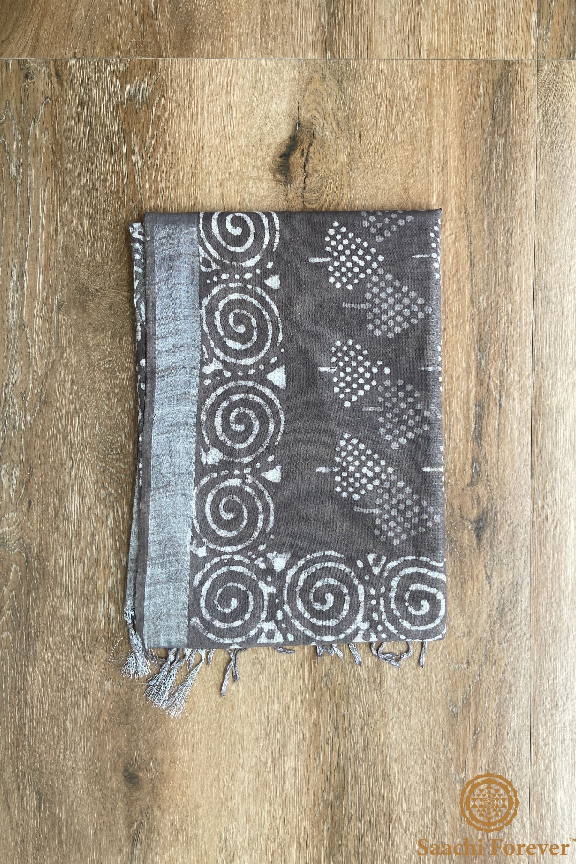 Light Grey Block Printed Linen silver zari Saree