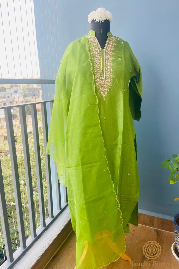 Parrot green Dola Silk Gota Patti & Hand zardosi suit set - 3 Piece