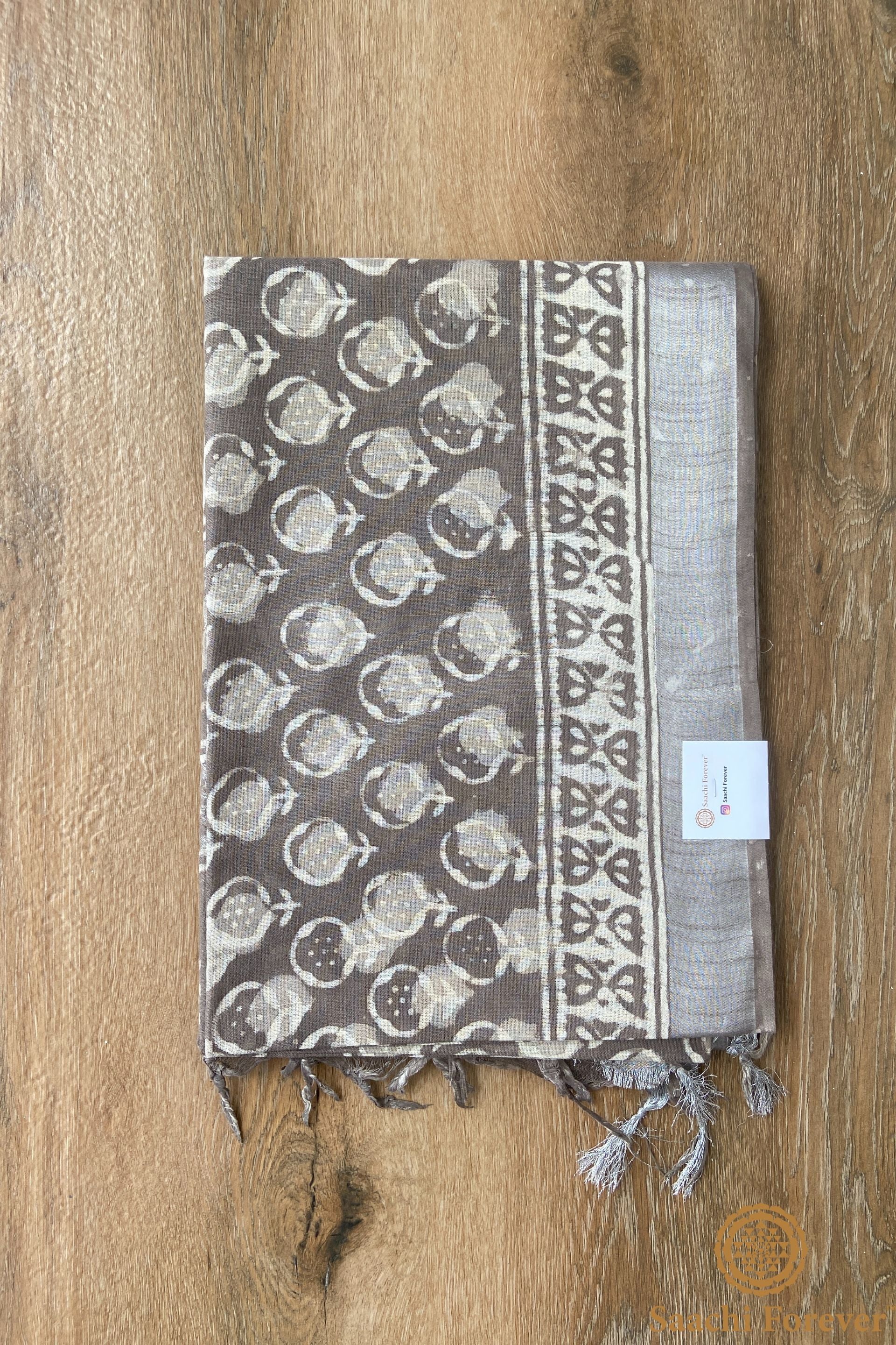 Light Grey Block Printed Linen silver zari Saree