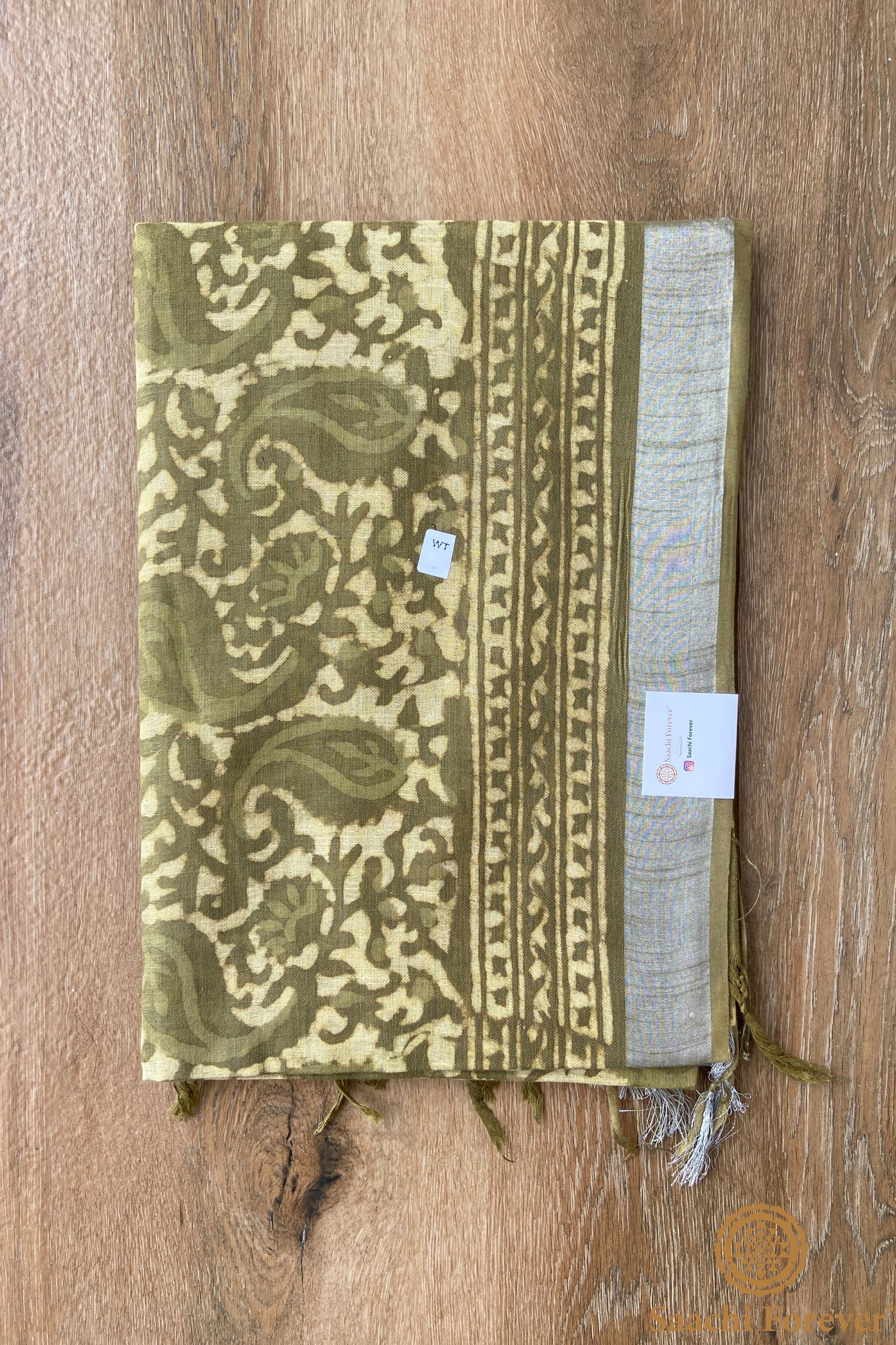 Olive Green Block Printed Linen silver zari Saree