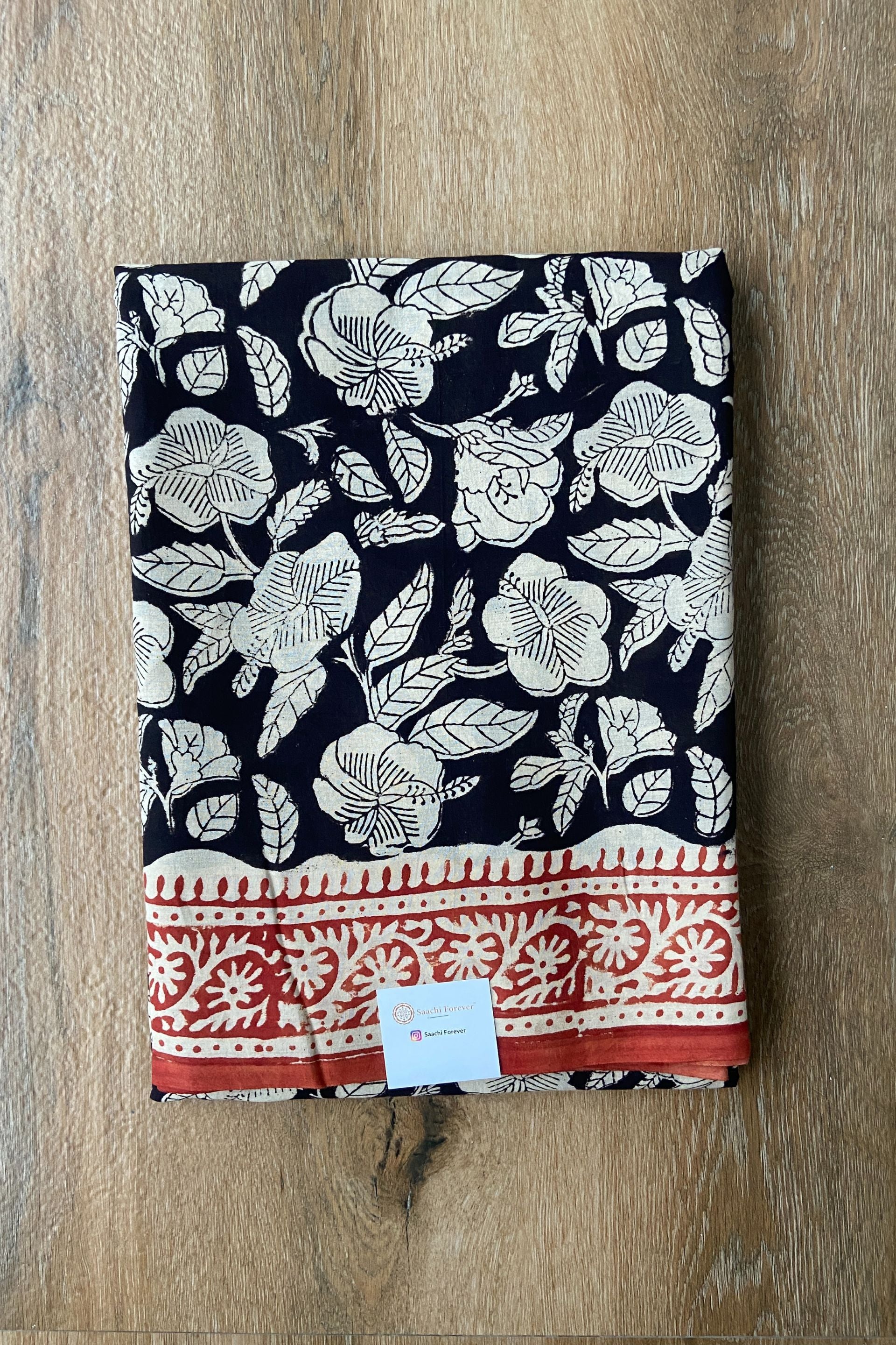 Black Kalamkari Block Printed Mulmul Cotton Saree