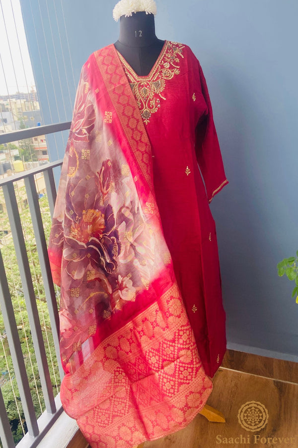 Dusky Red Dola Silk Hand Zardosi suit set - 3 Piece