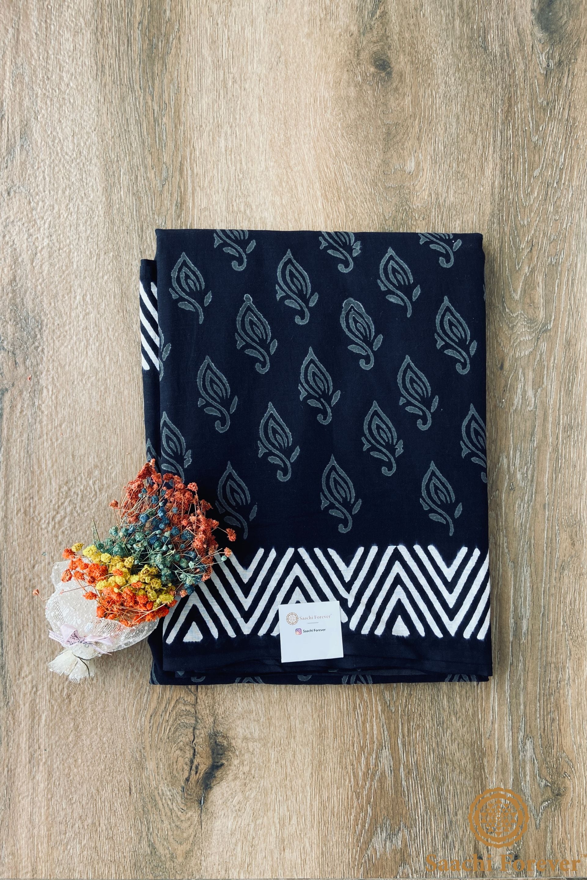 Black & Grey Dabu Block Printed Mulmul Cotton Saree
