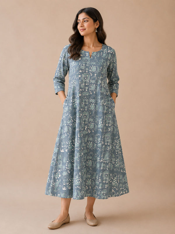 Grey Dabu Cotton Block Printed A-Line Kurta