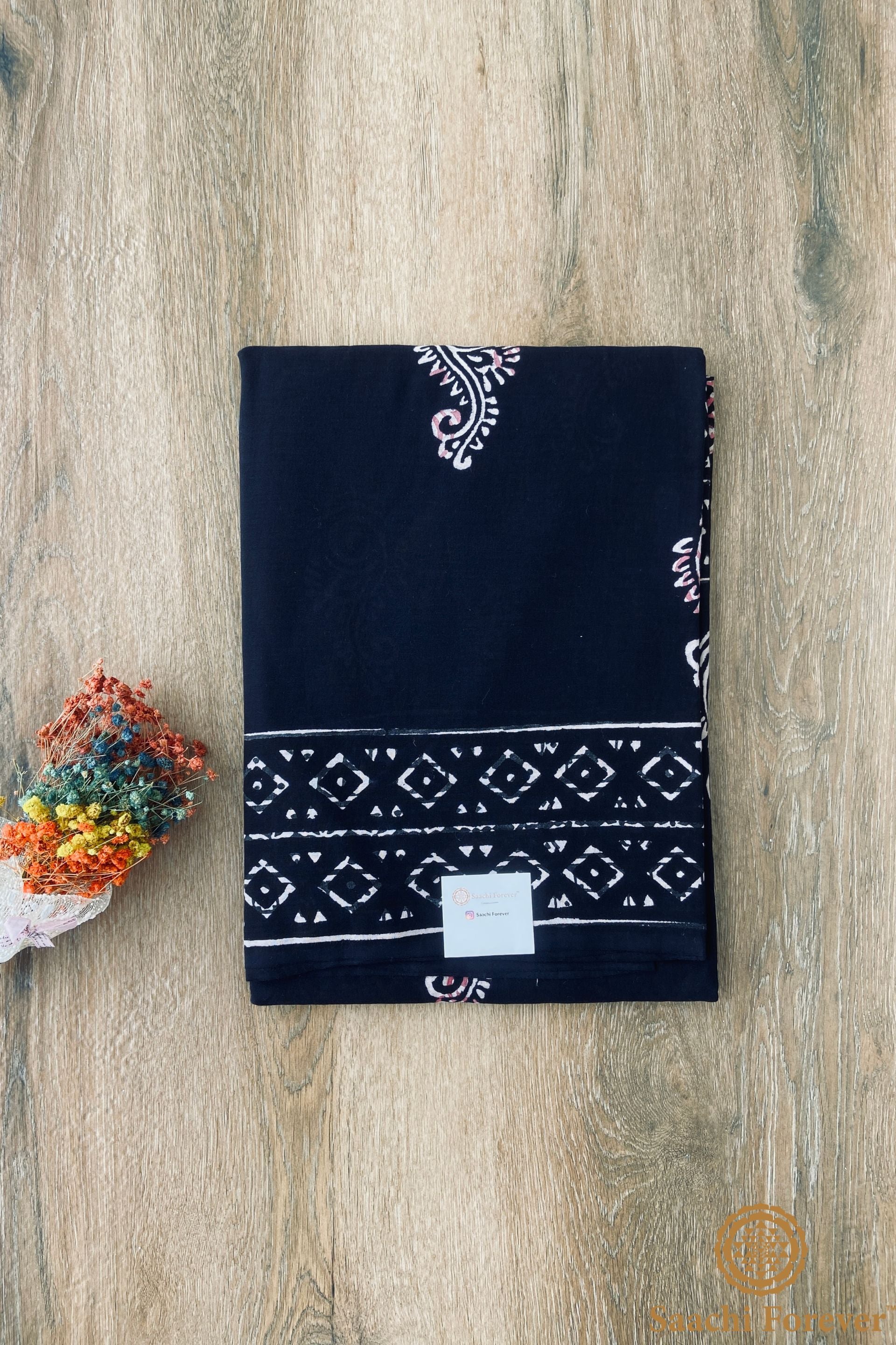 Black Dabu Block Printed Mulmul Cotton Saree