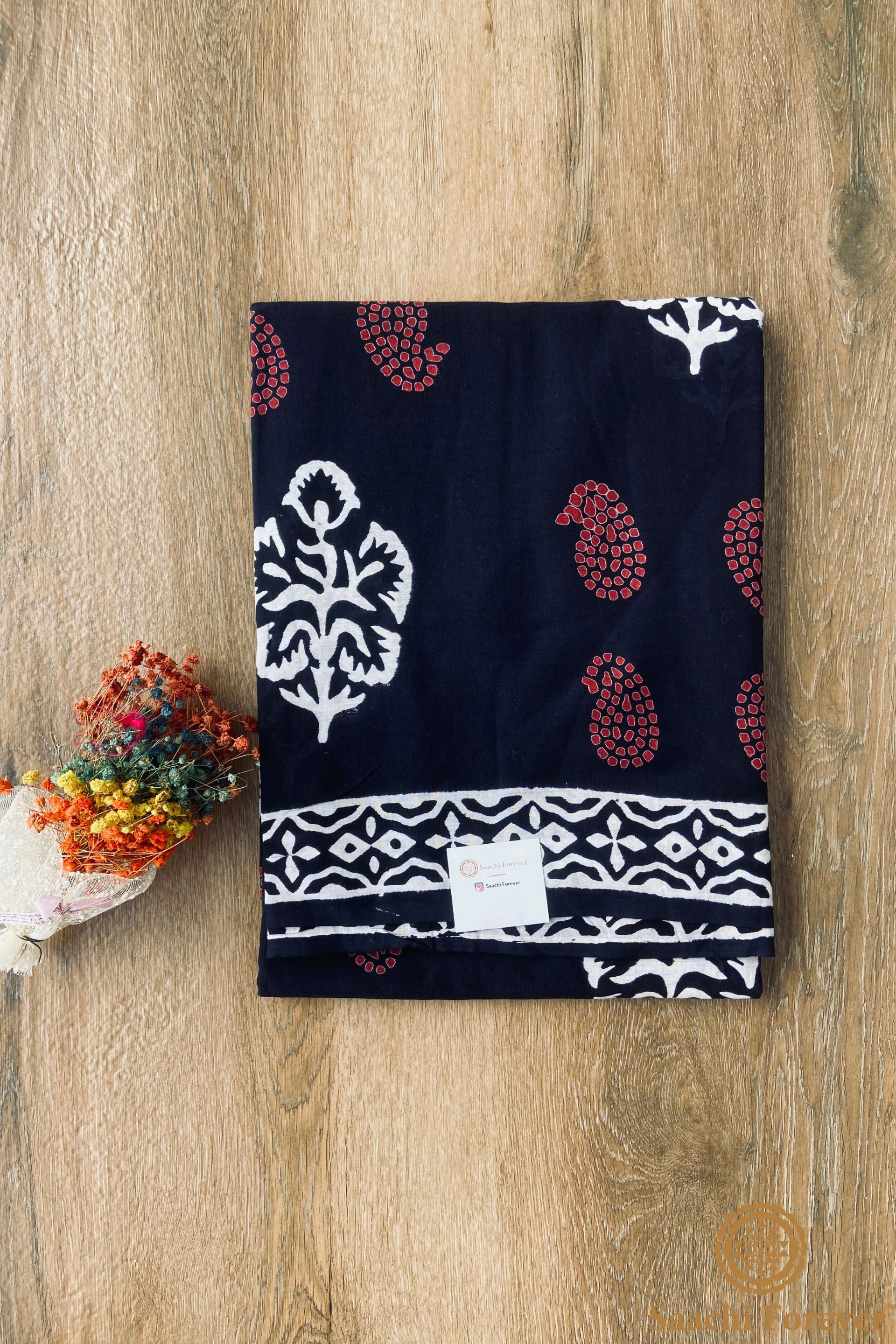 Black Dabu Block Printed Mulmul Cotton Saree