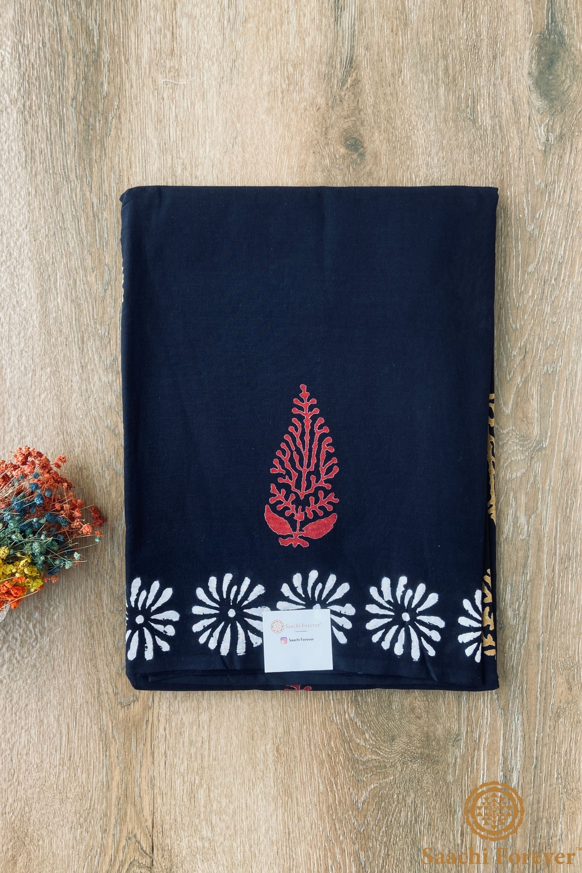 Black Dabu Block Printed Mulmul Cotton Saree