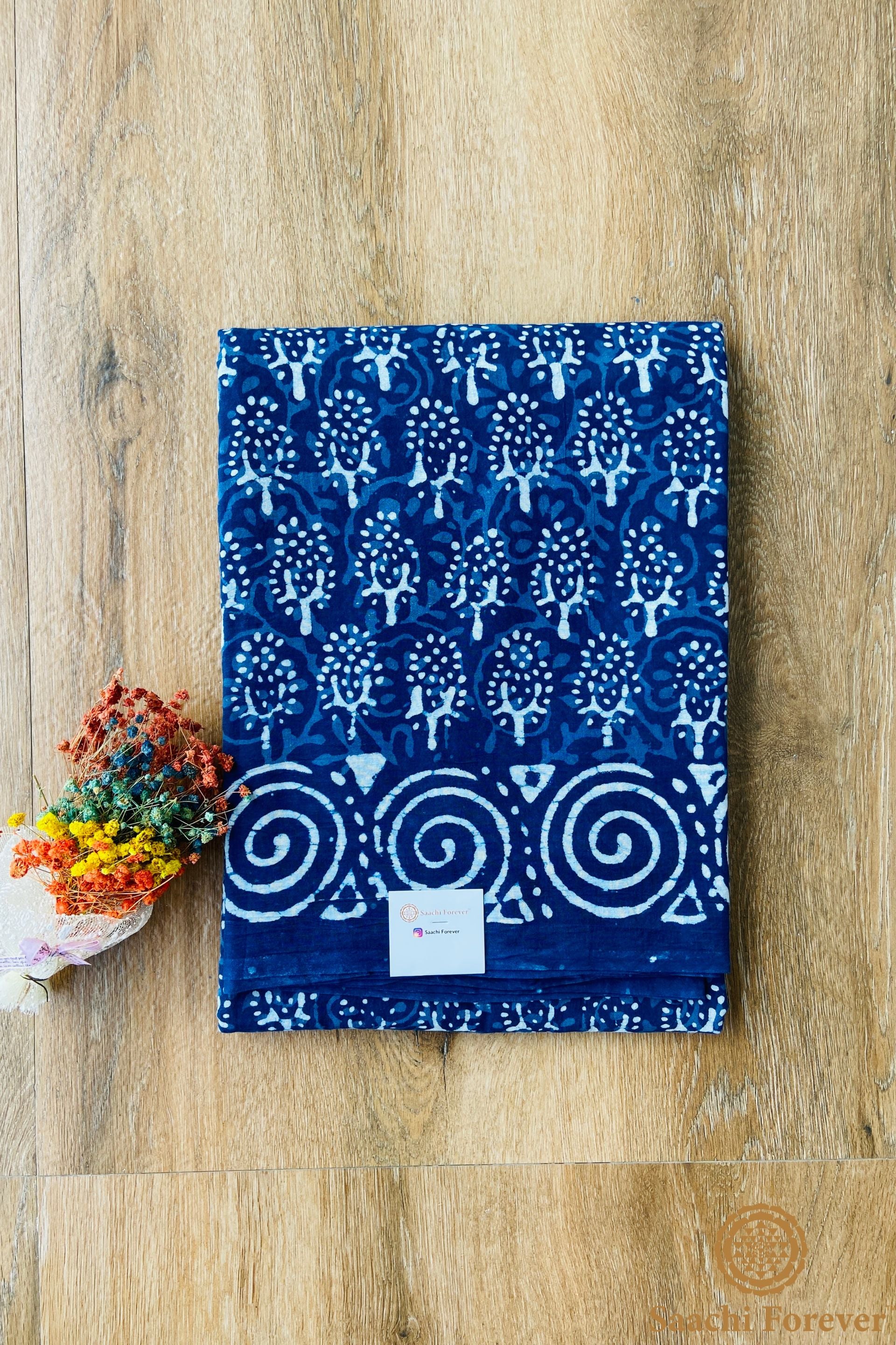 Indigo Block Printed Mulmul Cotton Saree