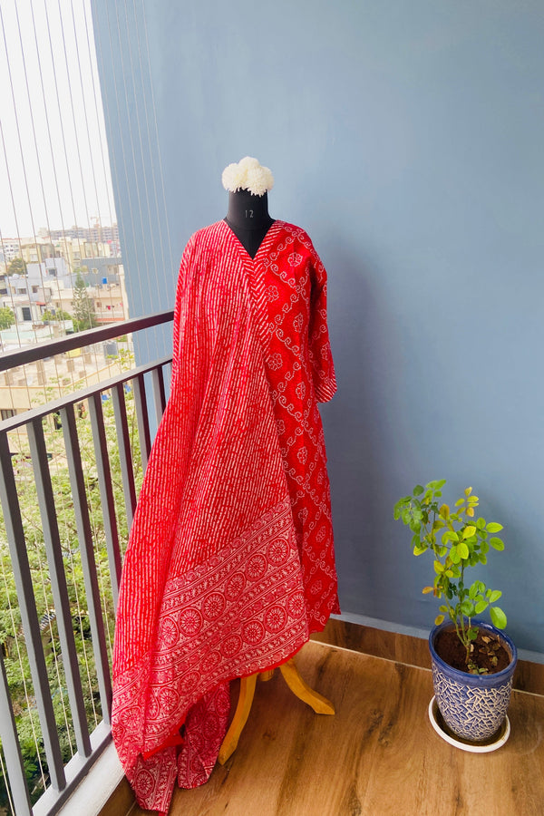Cherry Red Cotton Bandhani suit set - 3 Piece