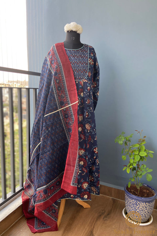 Dark Blue Cotton Printed stitched Anarkali Suit– 3 Piece