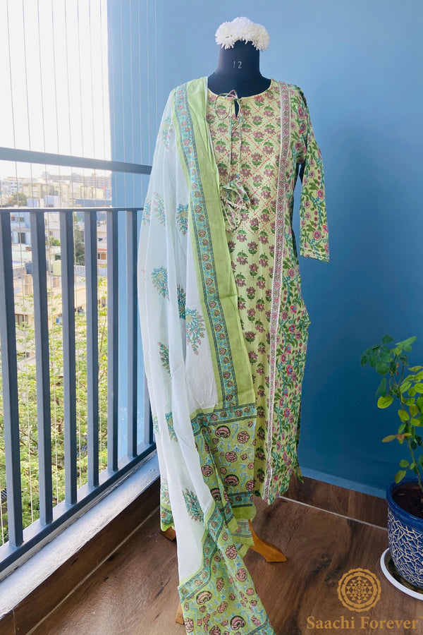 Green Cotton Katha Embroidered Suit Set - 3 Piece