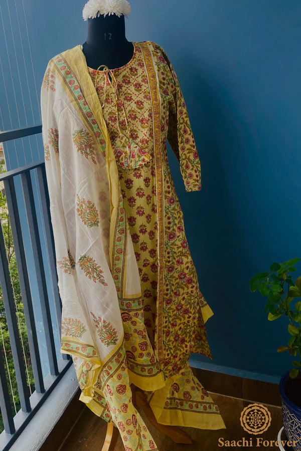 Lemon Yellow Cotton Katha Embroidered Suit Set - 3 Piece