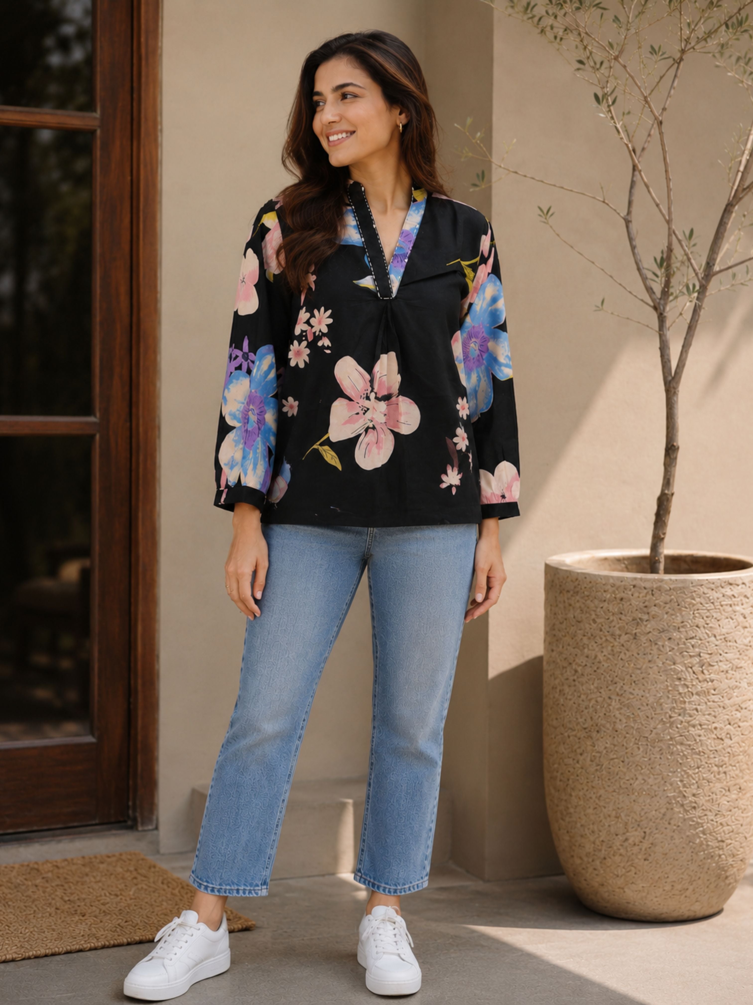 Black Floral Cotton Short Kurta