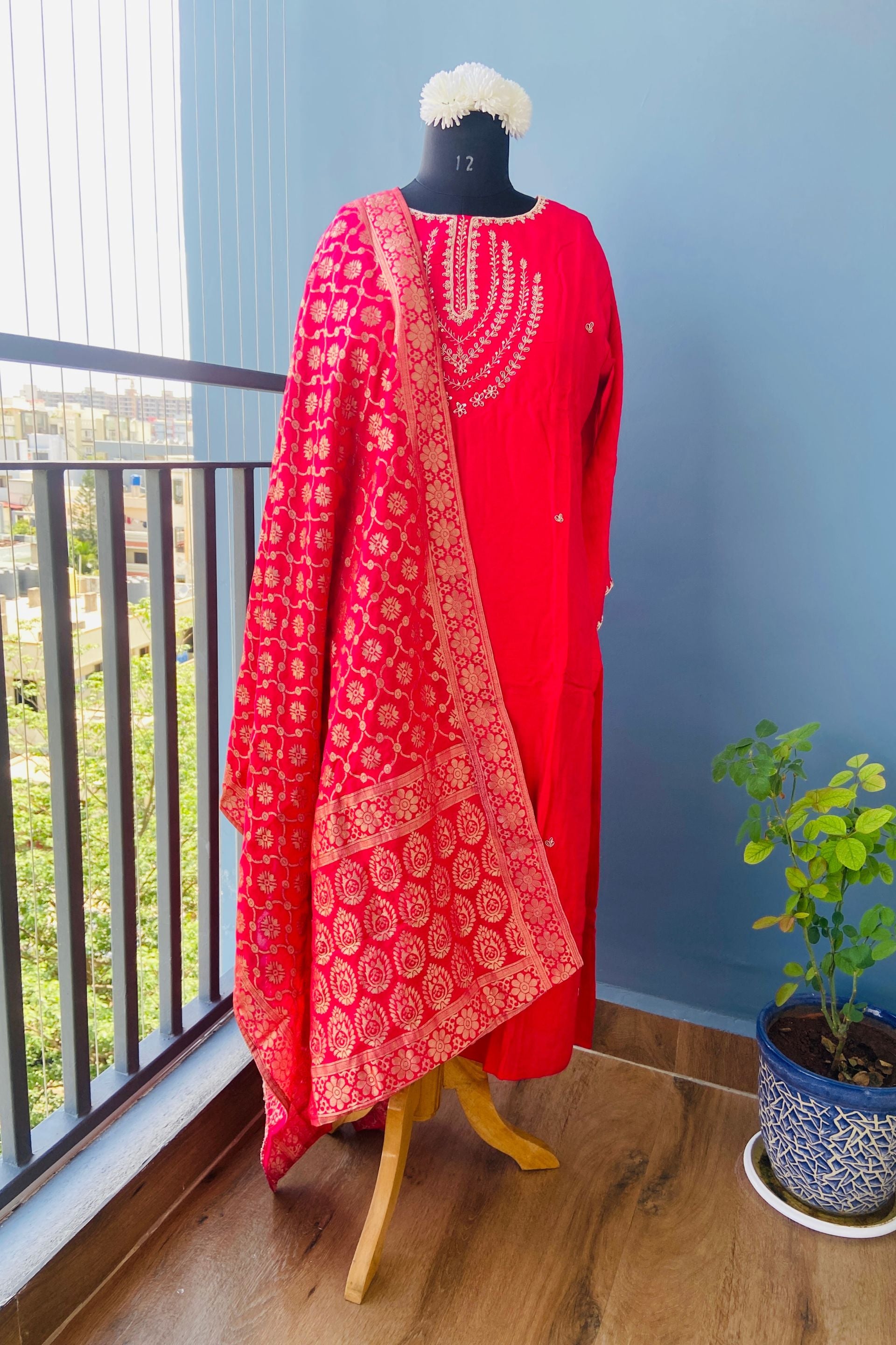 Magenta Dola Silk Hand Zardosi Suit Set - 3 Piece