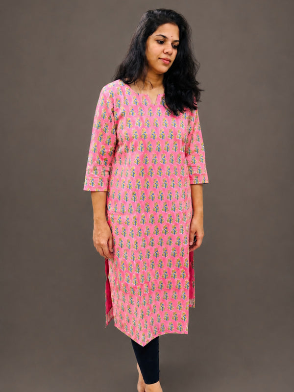 Coral Pink Sanganeri Straight Cut Kurta With Lining
