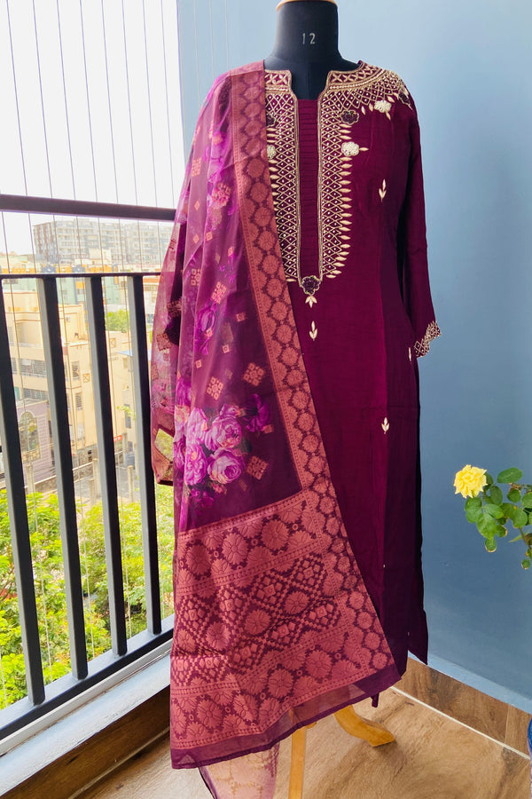 Maroon Dola Hand Zardosi Suit Set - 3 Piece