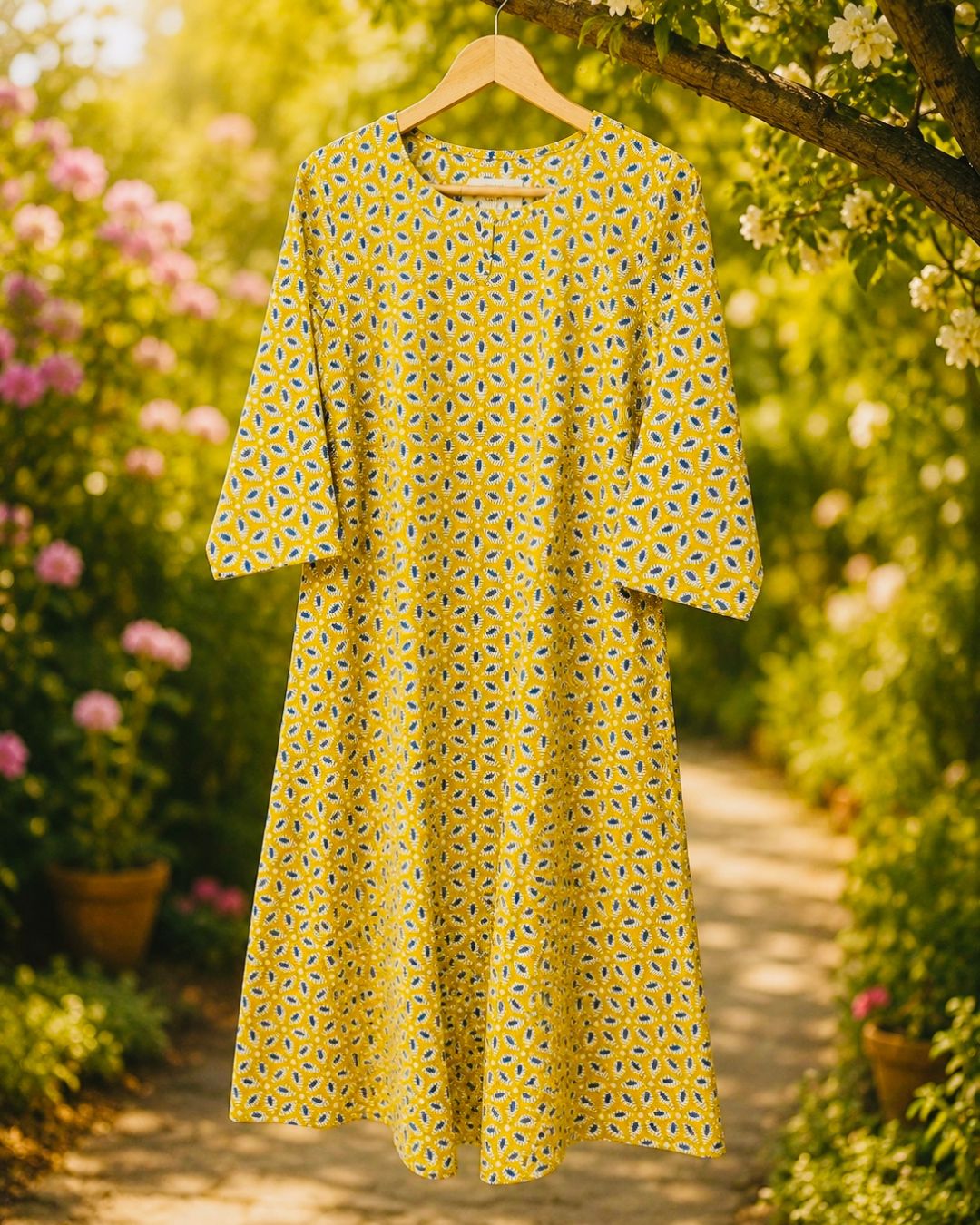 Lime Yellow Bagru Block Printed Cotton A-Line Kurta