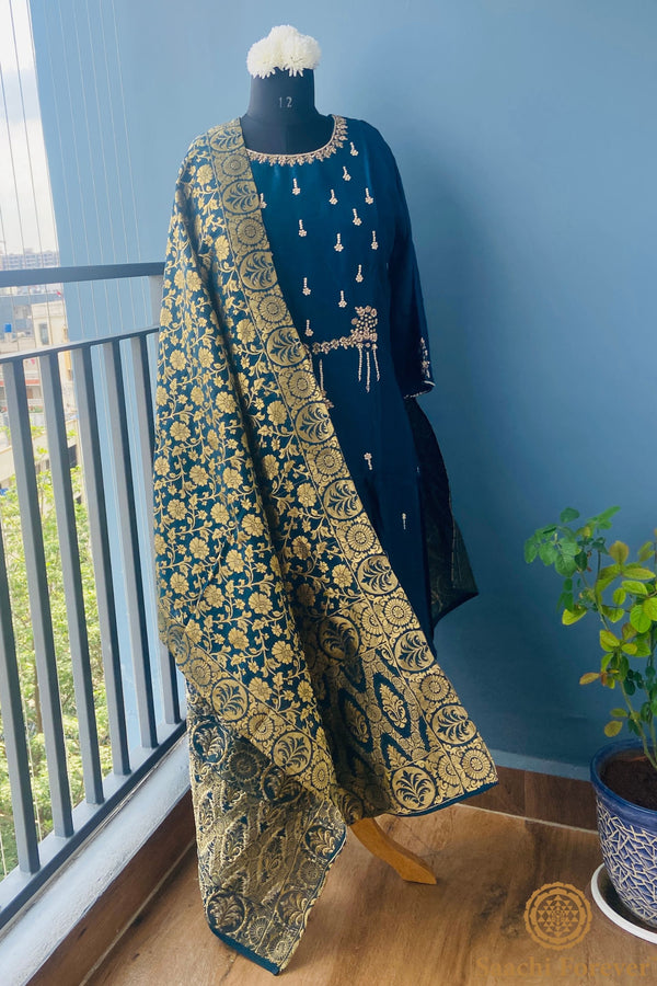 Peacock Blue Dola Silk Hand zardosi All Over Suit - 3 Piece