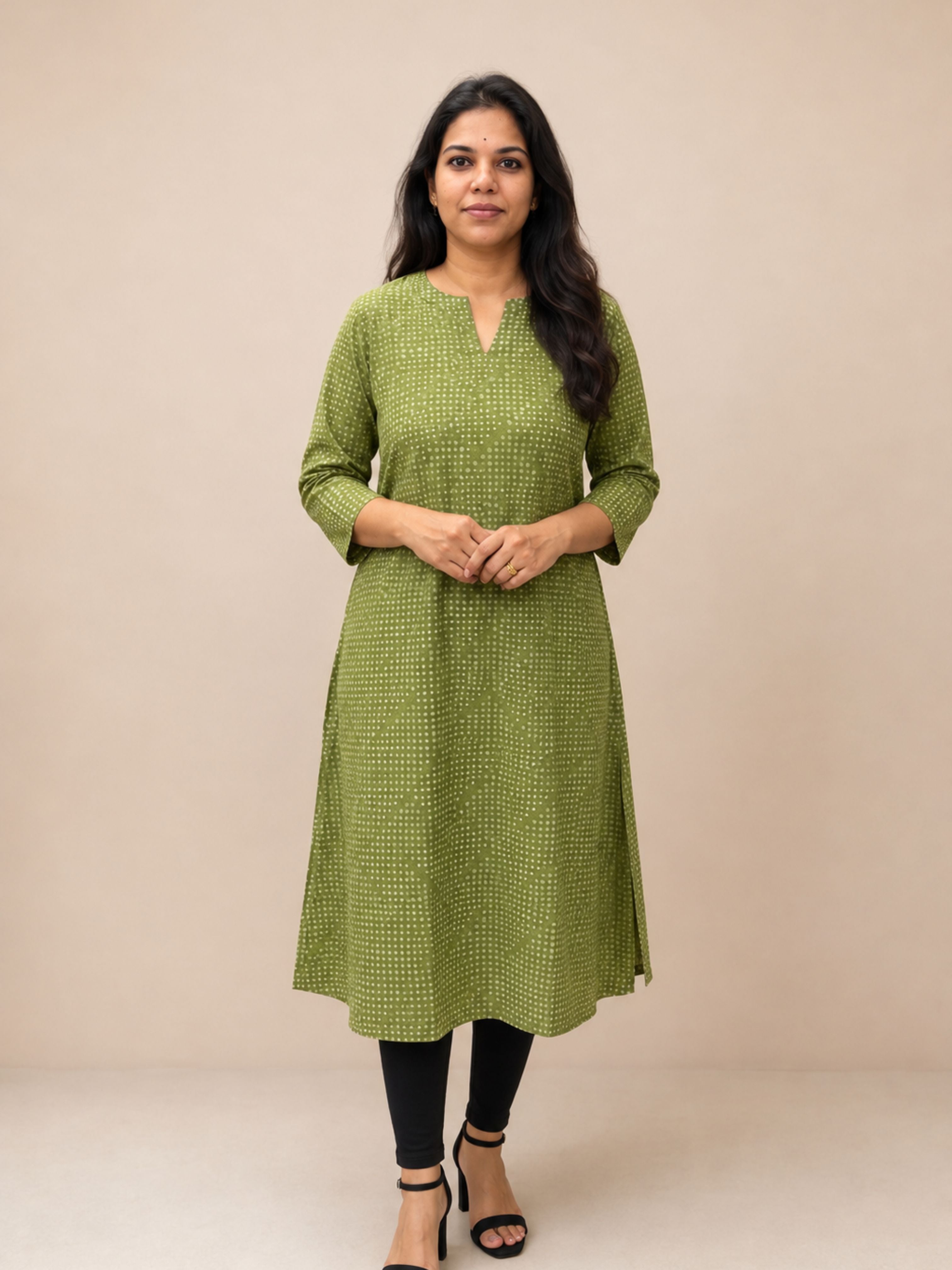 Leafy Green Dabu Block Printed Cotton A-Line Kurta