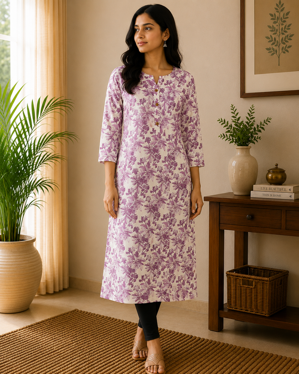 White & Purple Cotton Kurta