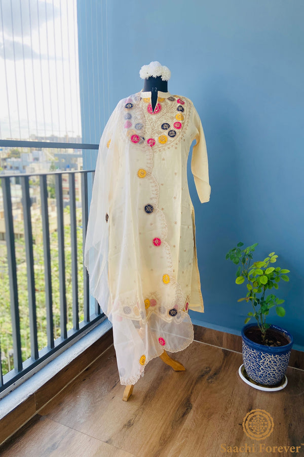 Creamy shade Dola Silk Patch Work Zardosi Suit - 3 Piece