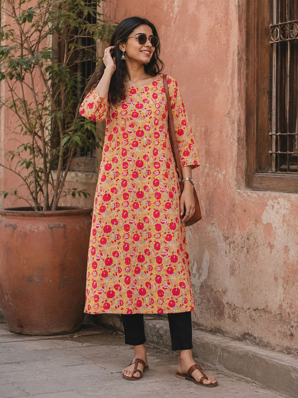 Yellow Sanganeri Straight cut Kurta