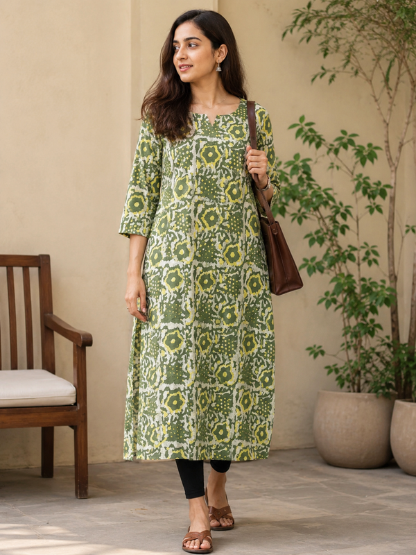 Green Dabu Straight Kurta