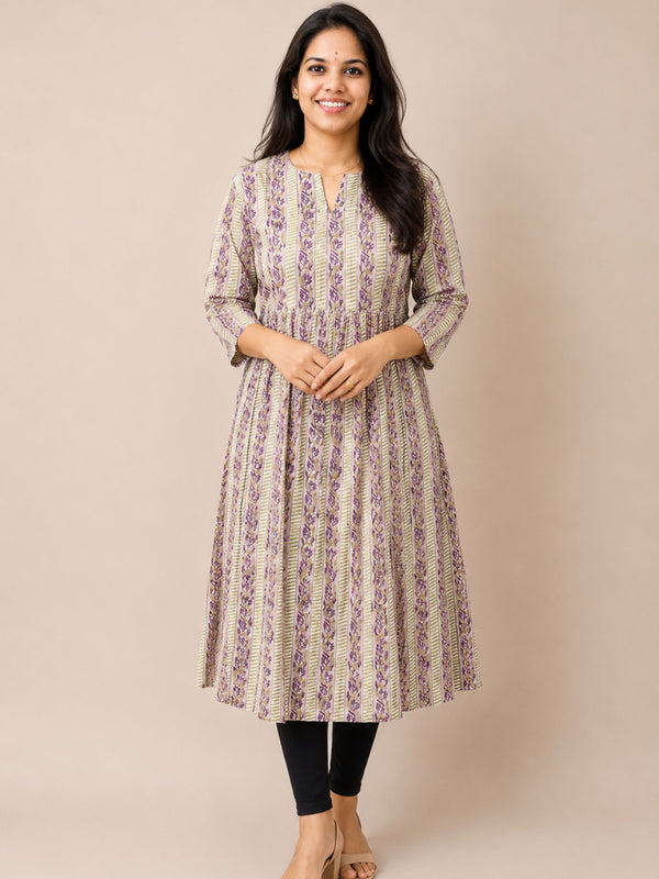Grey & White Block Printed A-Line Kurta