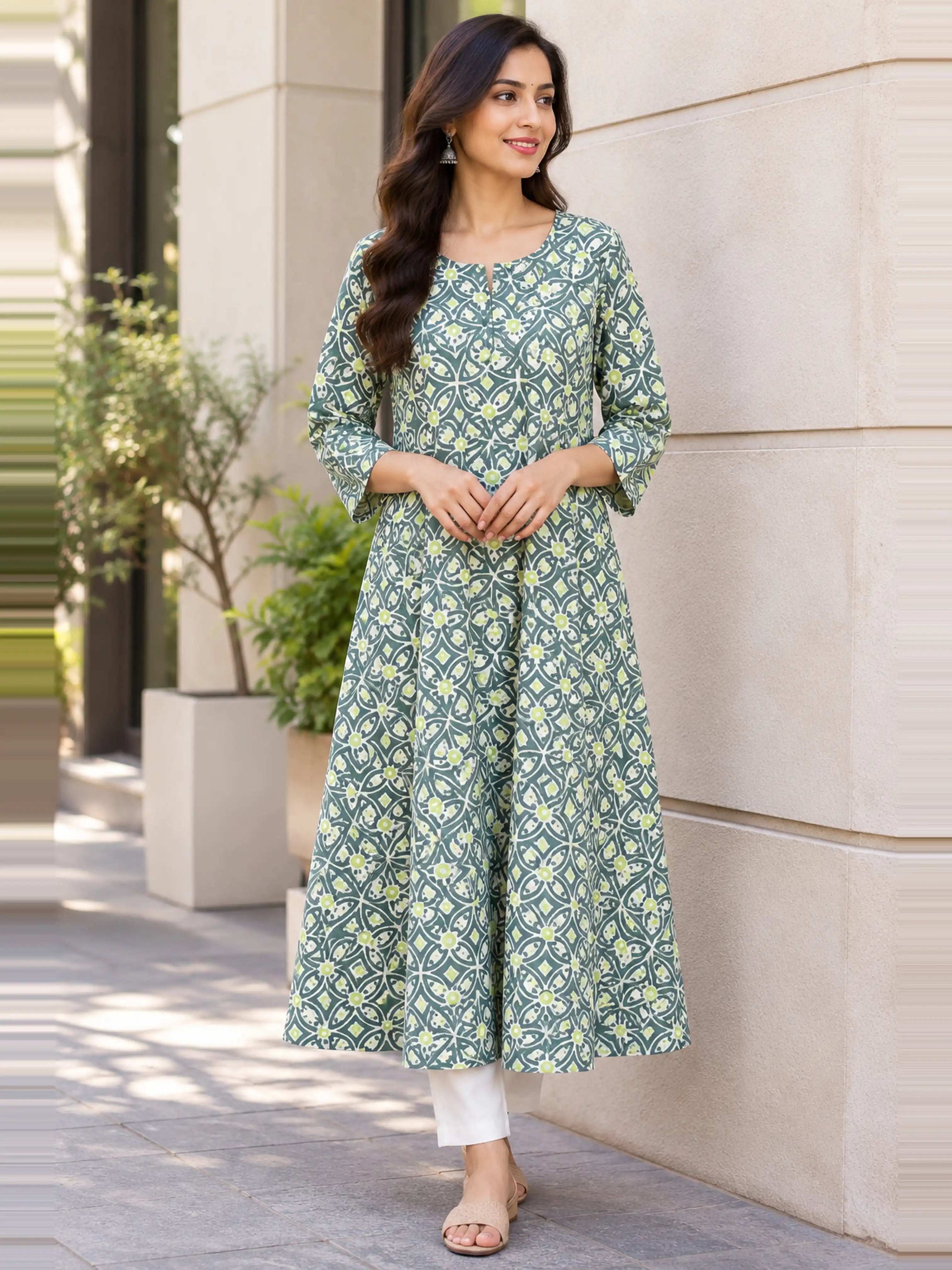 Sage Green Geometric Handblock Printed Cotton A-line Kurta