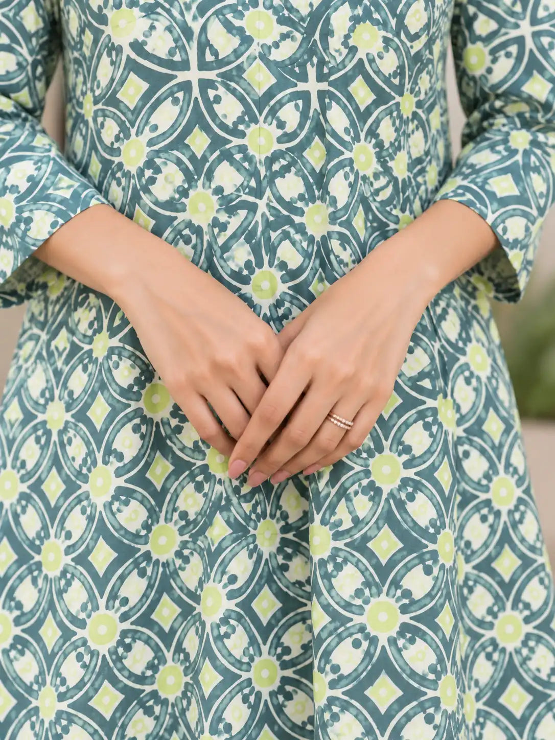 Sage Green Geometric Handblock Printed Cotton A-line Kurta