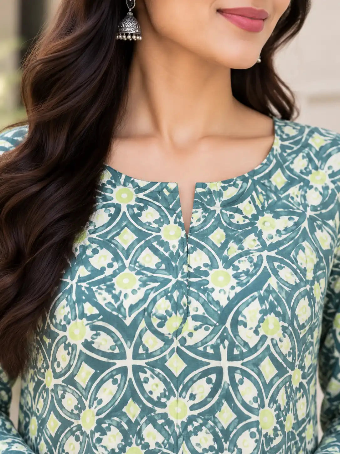 Sage Green Geometric Handblock Printed Cotton A-line Kurta