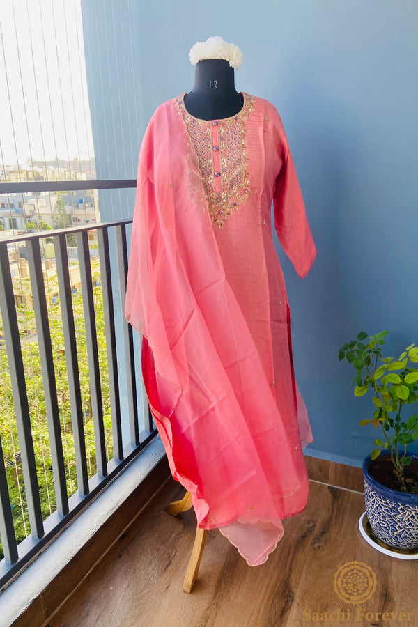 Salmon Pink Dola Silk Hand Zardosi Suit Set - 3 Piece