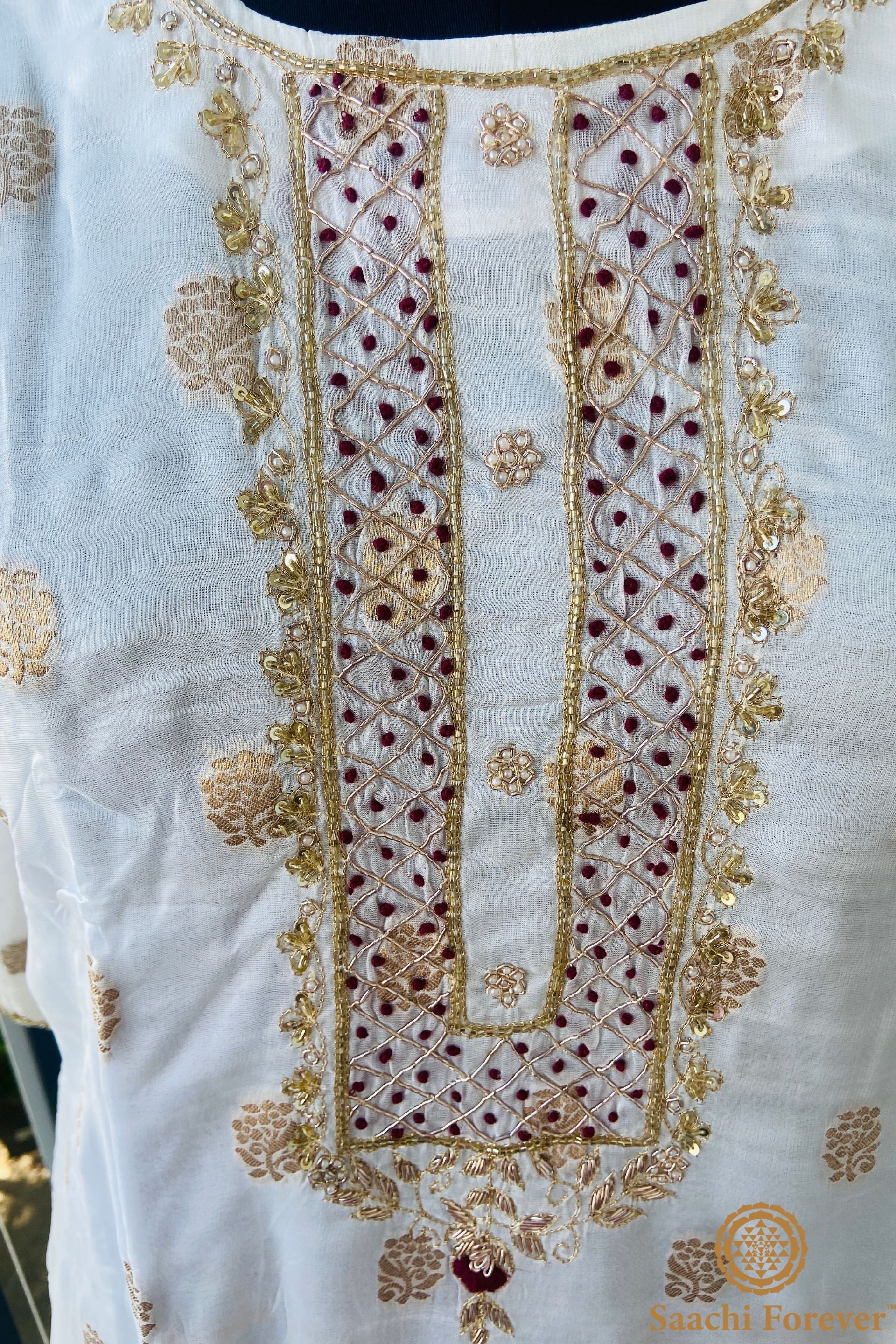 Cream and Rust Dola Silk Hand Zardosi Suit Set - 3 Piece
