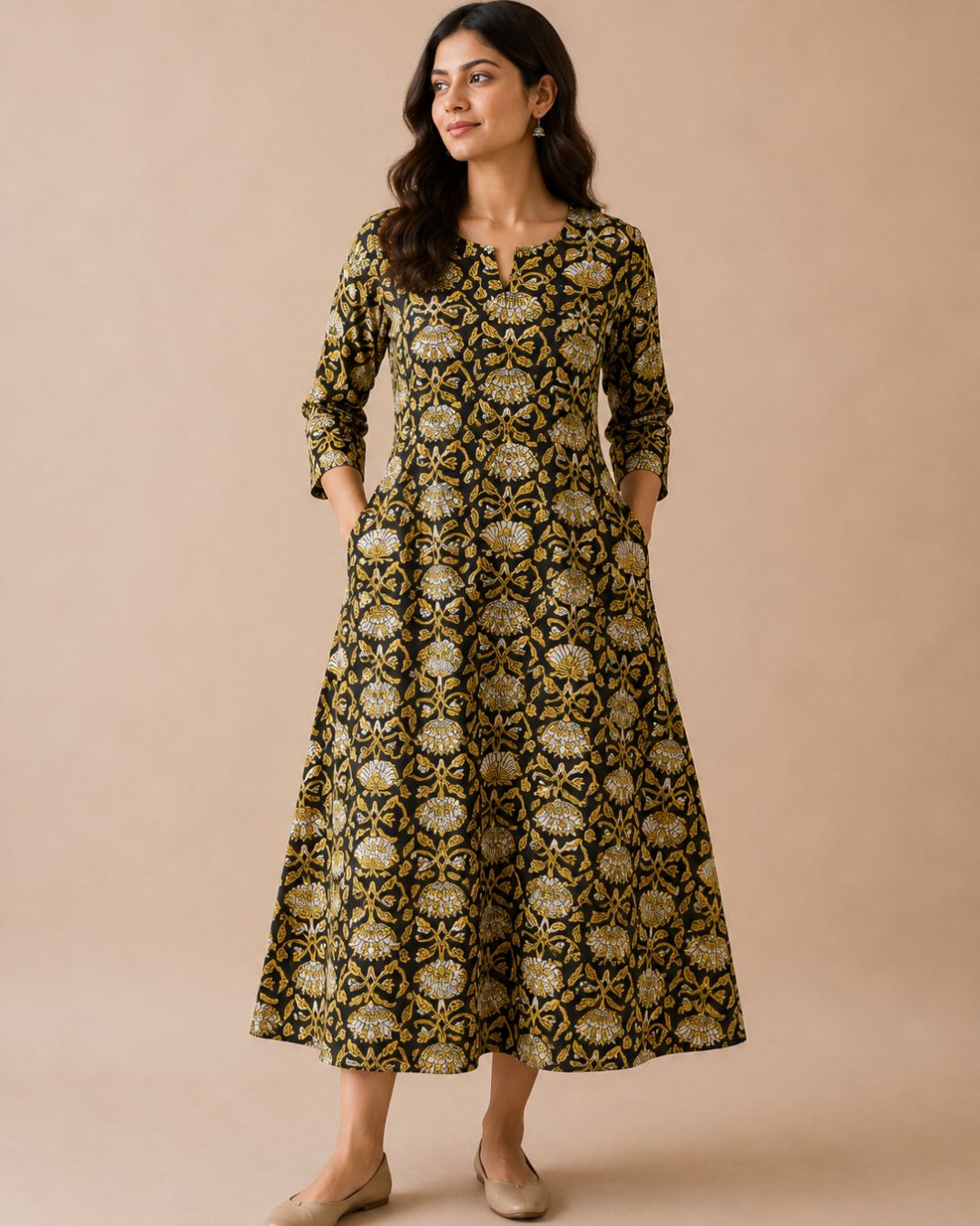 Black Jahota Block Printed Cotton A-Line Kurta