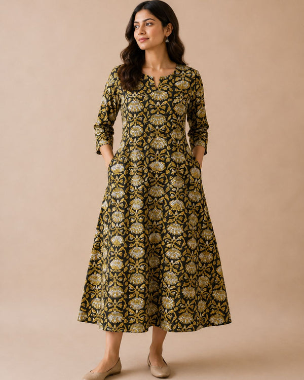 Black Jahota Block Printed Cotton A-Line Kurta