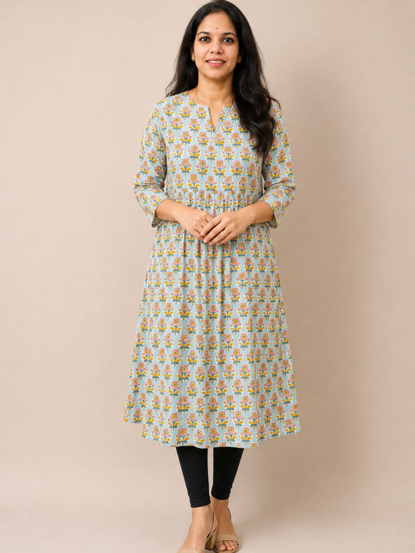 Leena Bagru Block Printed Pleated A-Line Kurta