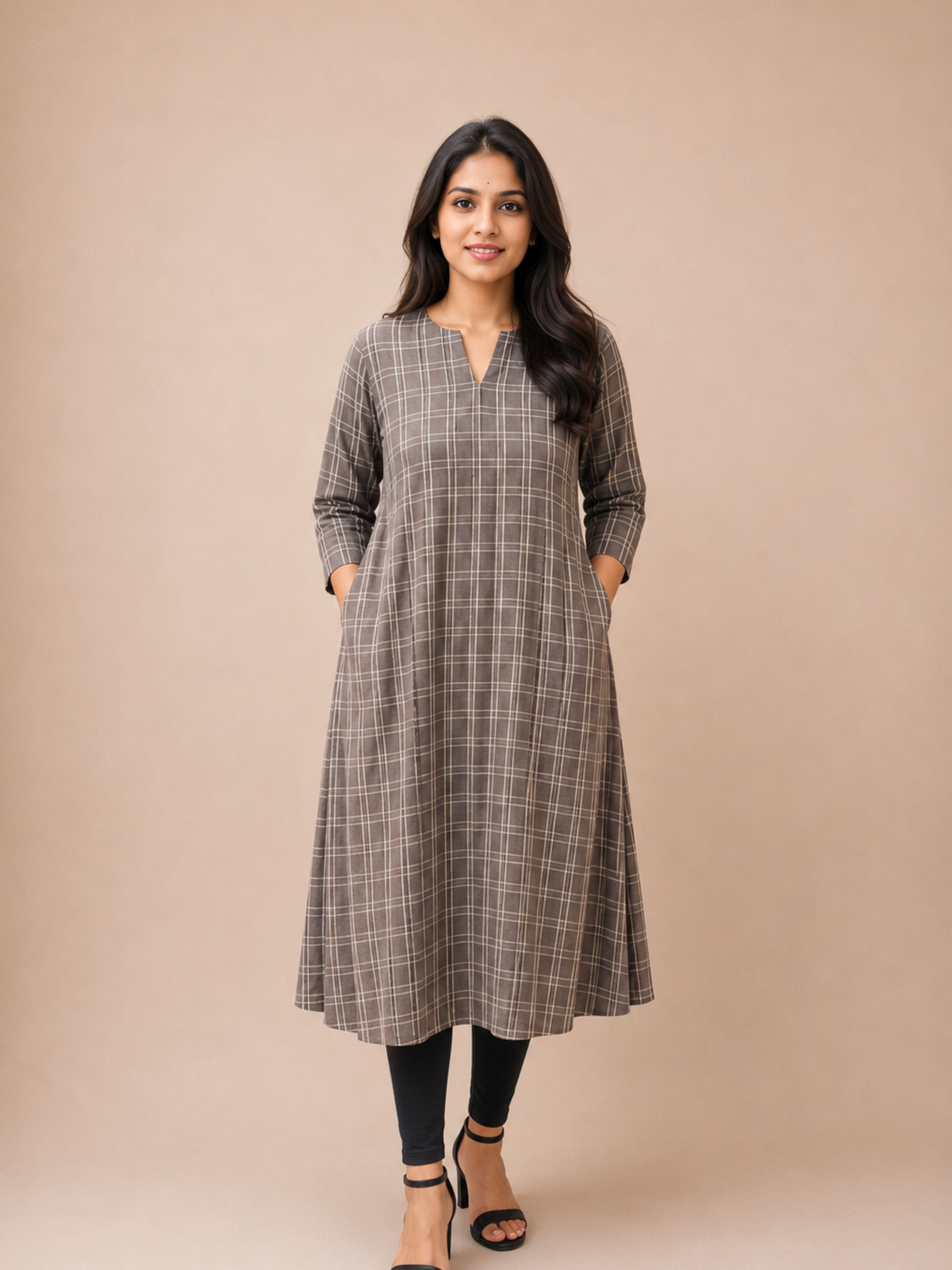 Grey Check Dabu Block Printed A-Line Kurta