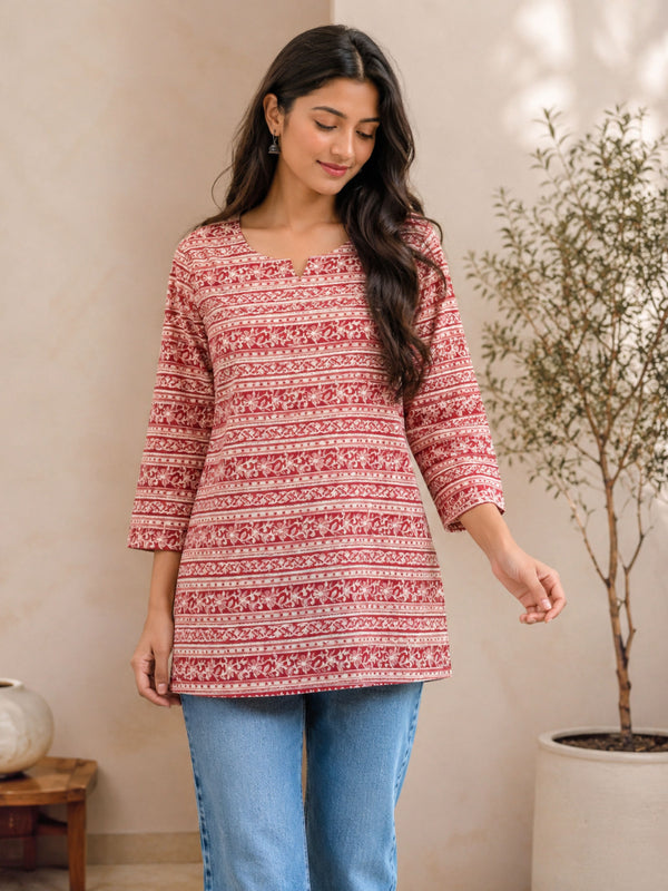 Pink Striped Cotton Short Kurta