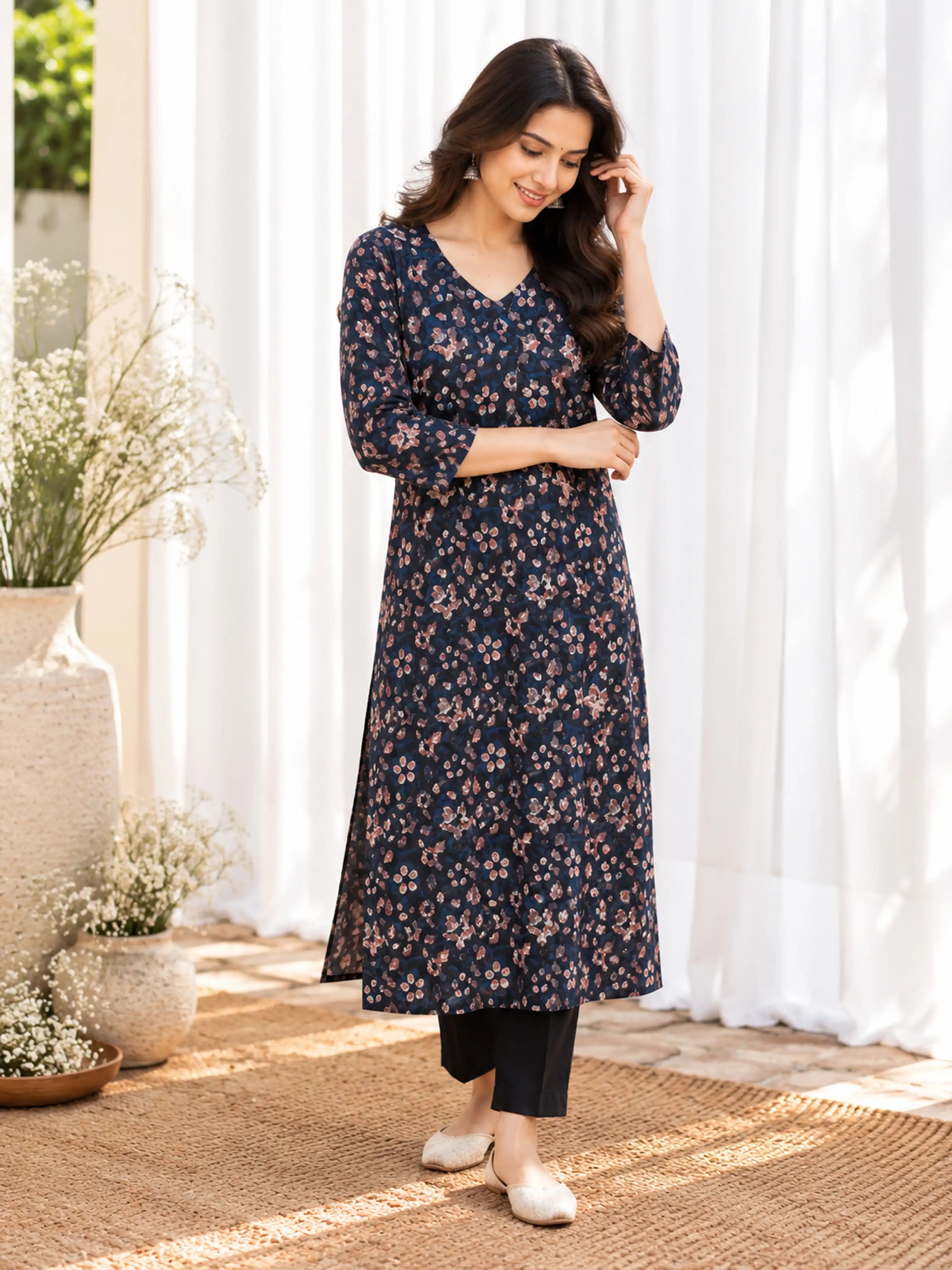 Blue Pink Ditsy Floral Jahota Cotton Handblock Straight Kurta