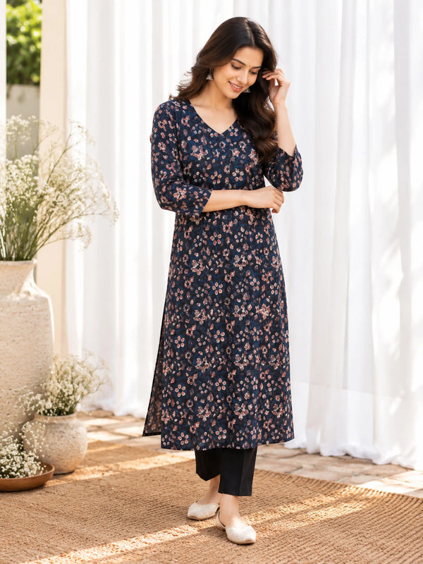Blue Pink Ditsy Floral Jahota Cotton Handblock Straight Kurta