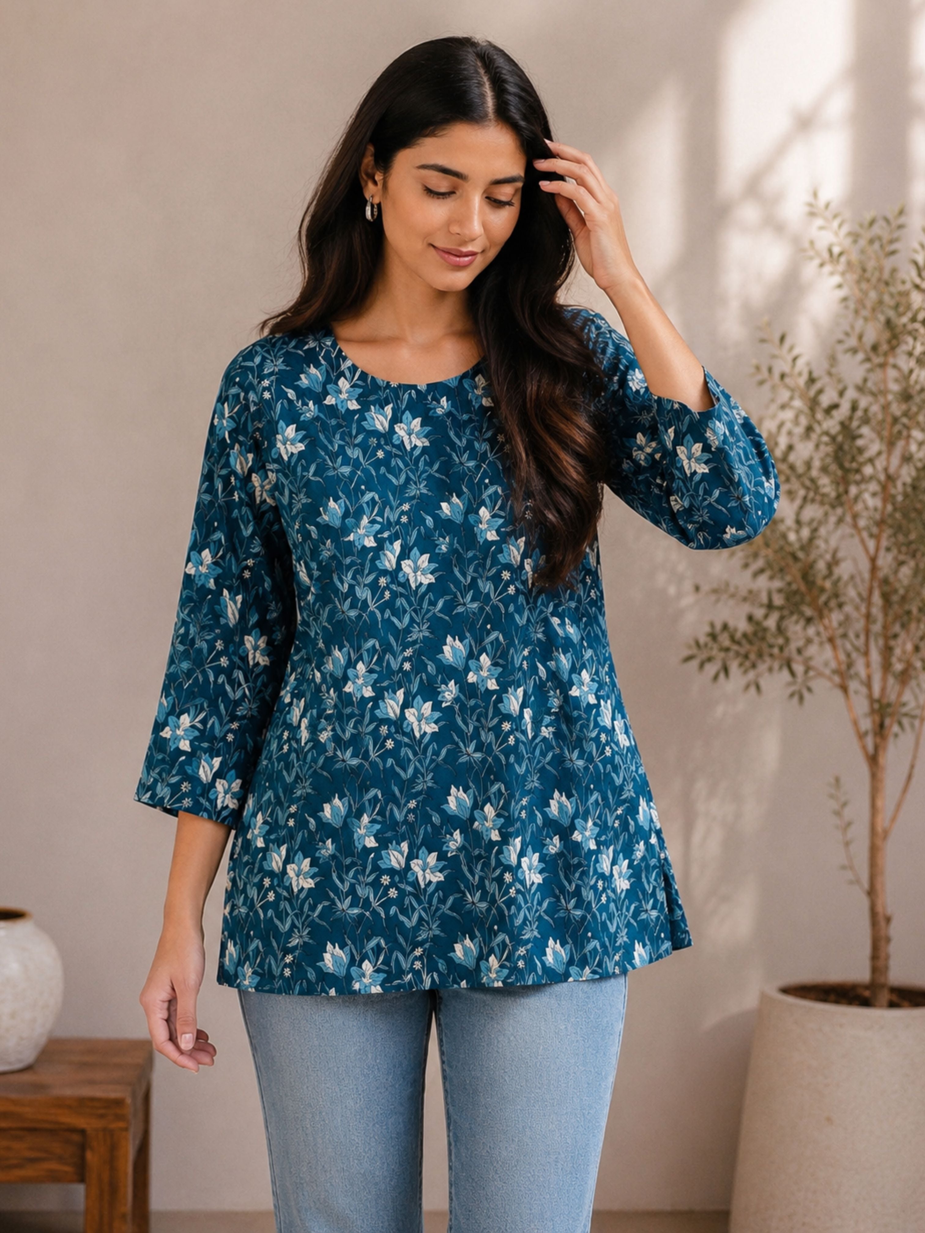 Blue Floral Cotton Short kurta