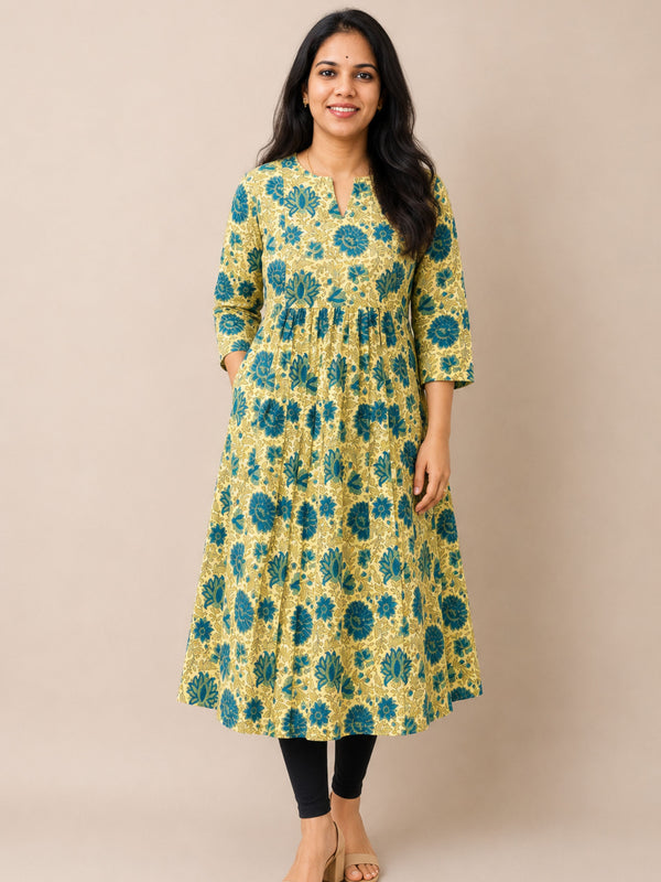 Lime Bagru Block Printed Pleated A-Line Kurta