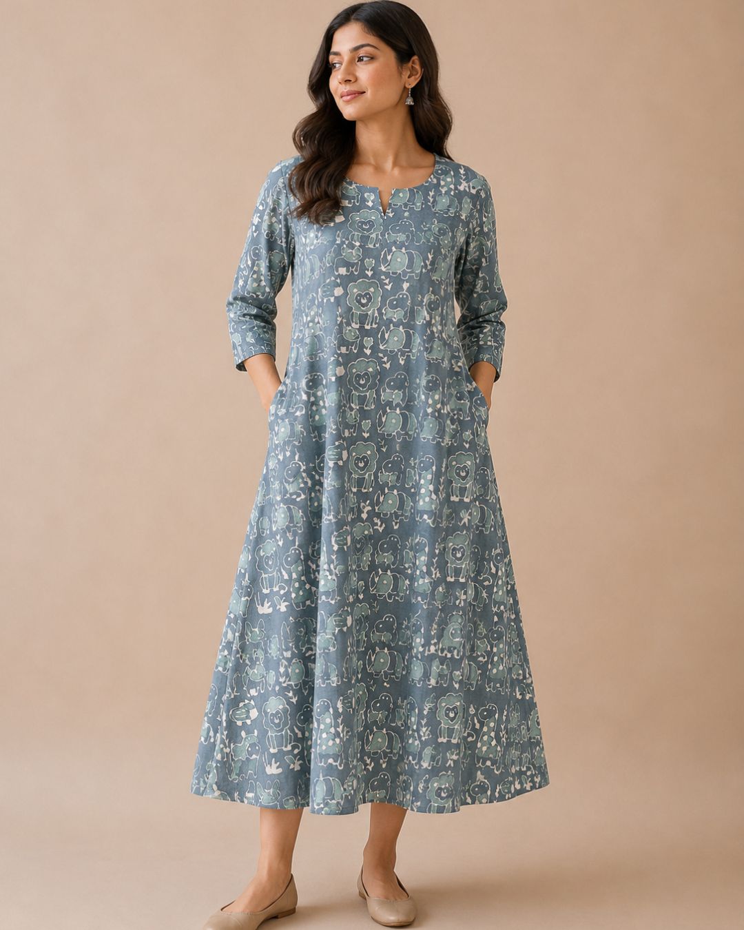 Grey Dabu Cotton Block Printed A-Line Kurta