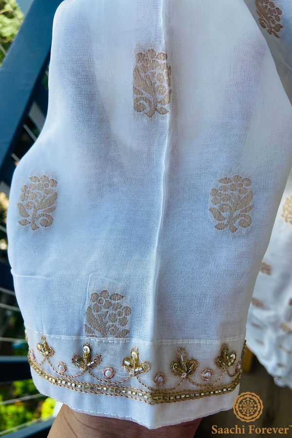 Cream and Rust Dola Silk Hand Zardosi Suit Set - 3 Piece