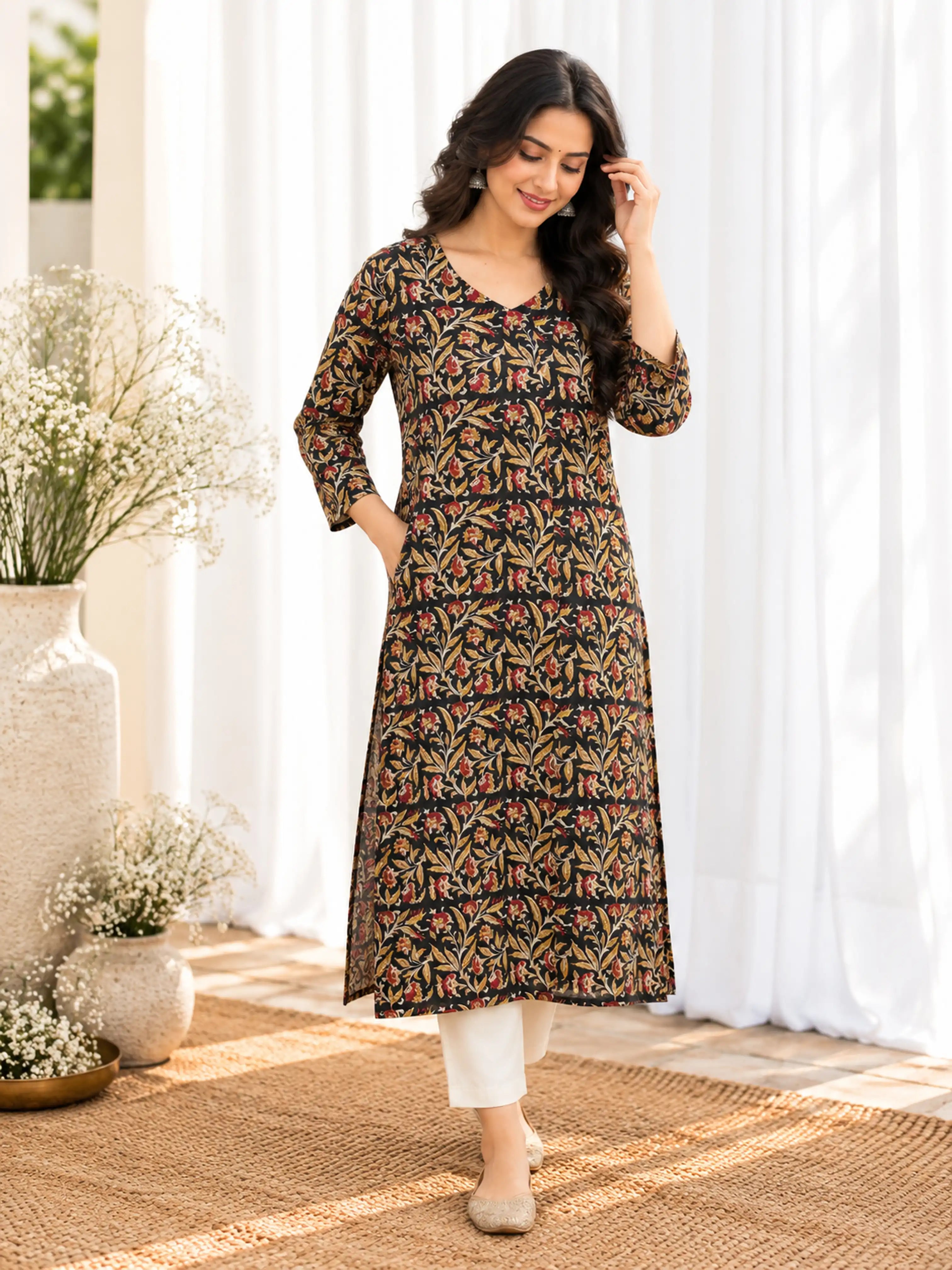 Black Red Floral Bagru Kalamkari Cotton Handblock Straight Kurta