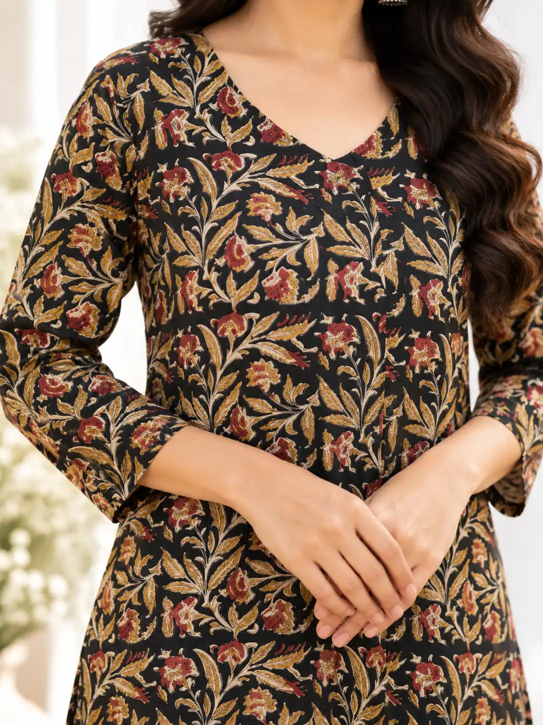 Black Red Floral Bagru Kalamkari Cotton Handblock Straight Kurta
