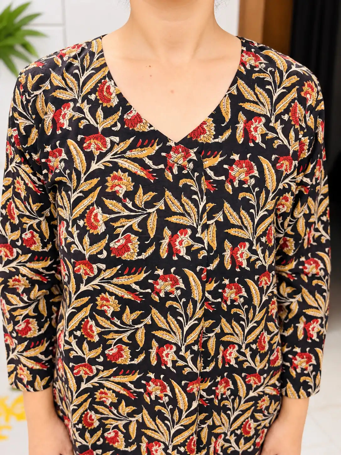 Black Red Floral Bagru Kalamkari Cotton Handblock Straight Kurta