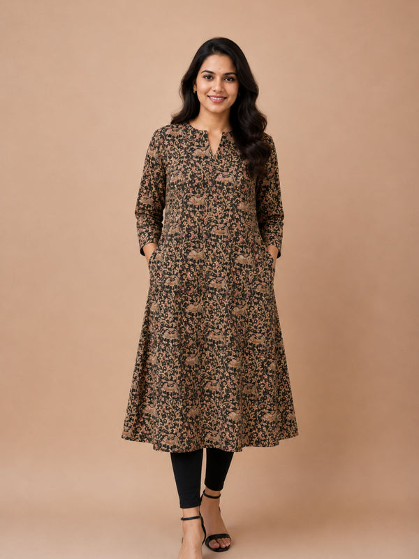 Dark Olive Green Kalamkari Block Printed A-Line Kurta