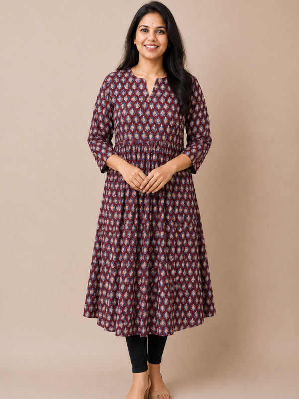 Maroon Ajrakh Block Printed Pleated A-Line Kurta